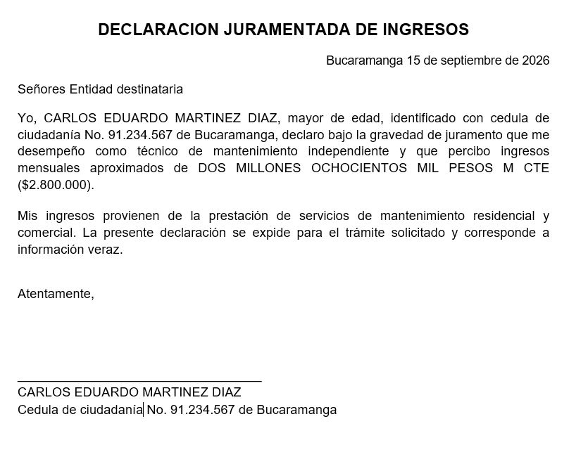 Ejemplo: Declaración juramentada de ingresos
