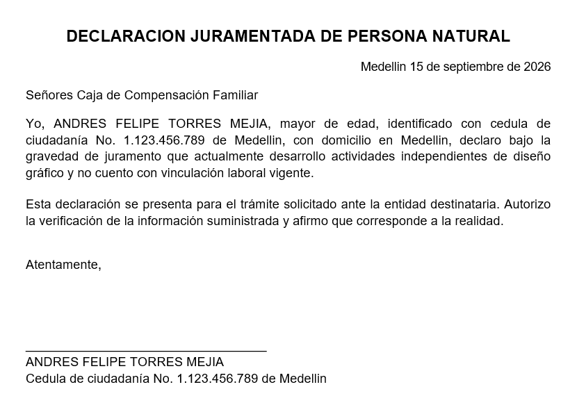 ejemplo declaracion juramentada persona natural