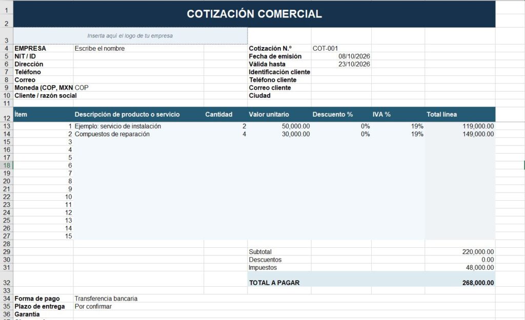 Vista previa: Formato de cotización editable y plantillas en Excel