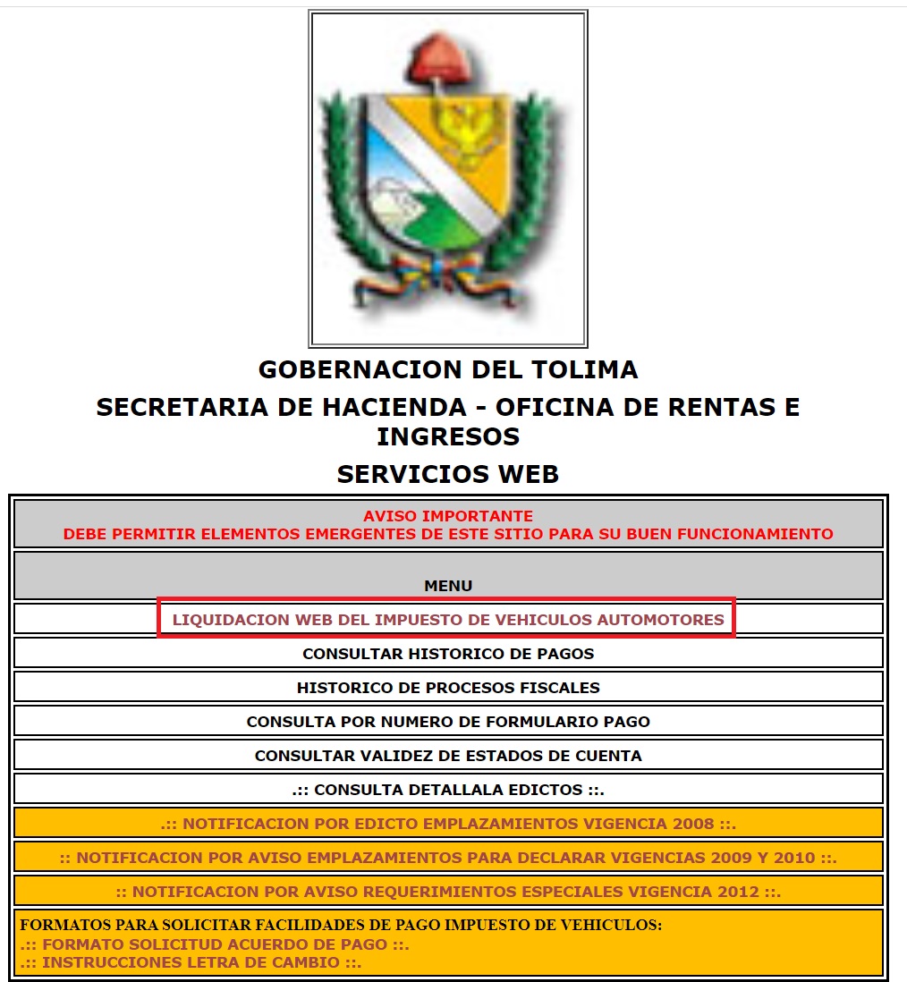 Vista previa del sitio web para liquidar el impuesto de vehículos en el Tolima
