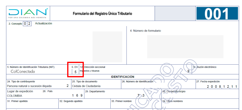 Registro Unico Tributario (RUT) con dígito de verificación