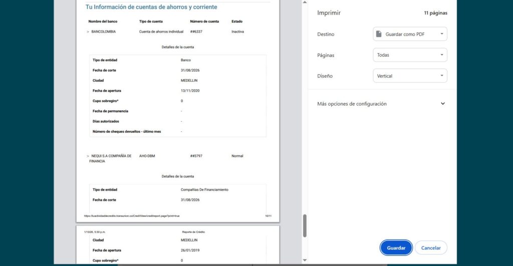imprimir reporte credito cifin