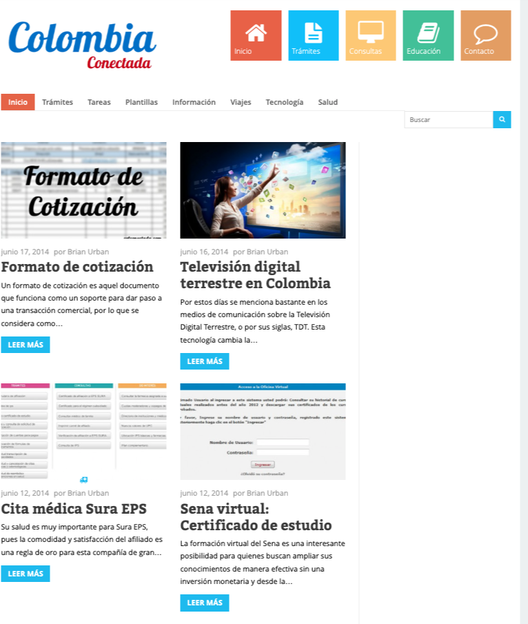 Colombia Conectada en 2014: diseño con navegación por colores y publicaciones sobre documentos, televisión digital y educación