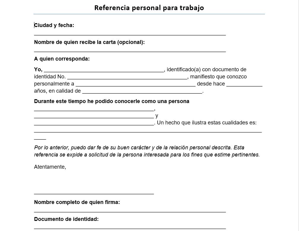 Plantilla: Carta de referencia personal para trabajo