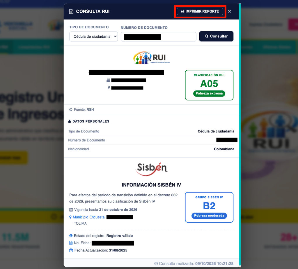 resultados de la consulta RUI